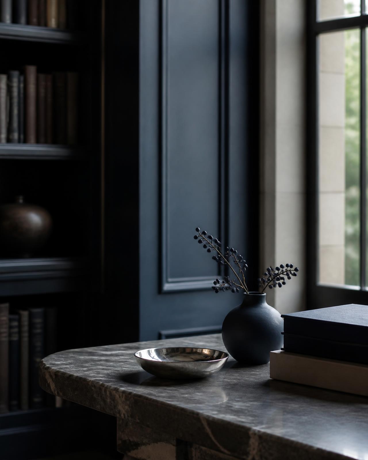 A quiet private study with a stone table and soft daylight