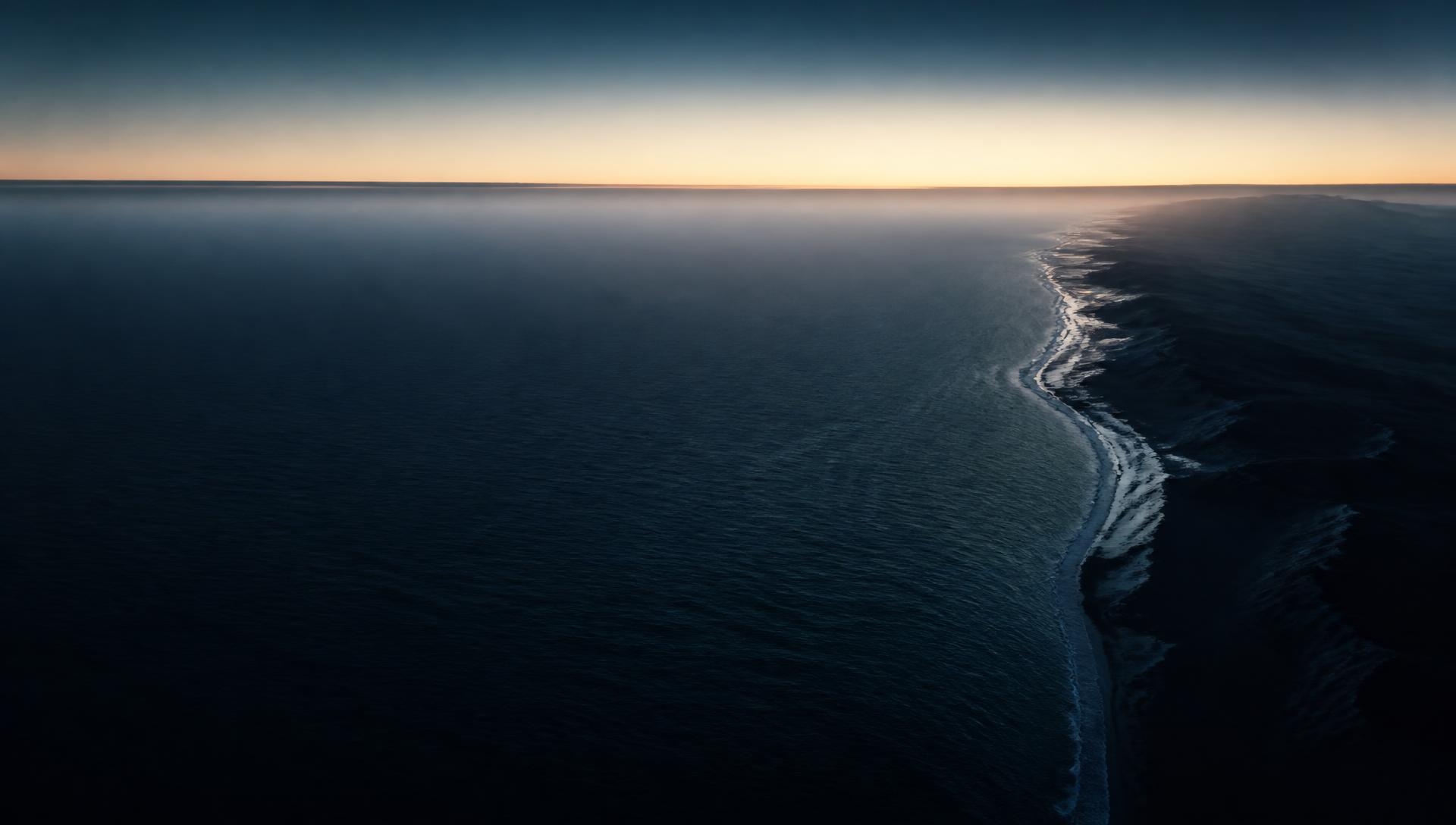Aerial view of an ocean meeting a coastline at dawn